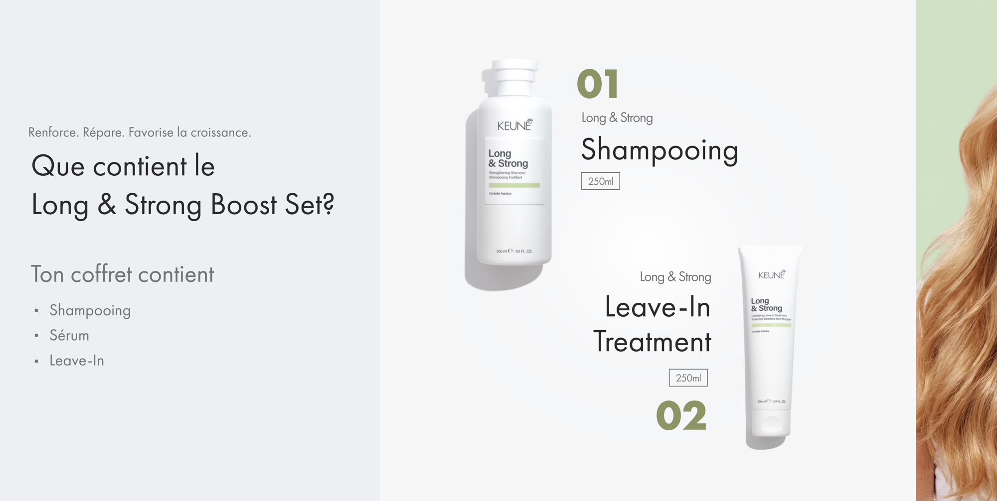 Coffret et produits de soins capillaires pour des cheveux forts