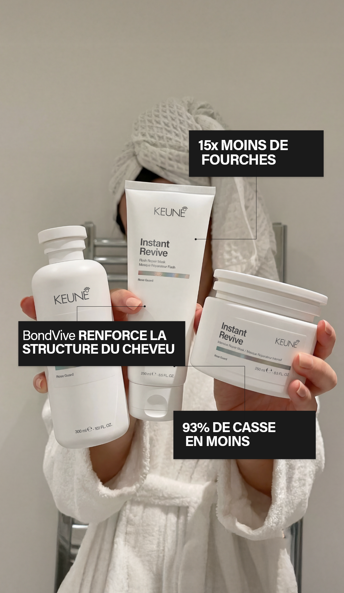 Transforme tes cheveux abîmés instantanément ! masque Instant Revive Flash pour des cheveux plus forts et hydratés. Achète maintenant sur keune.ch !