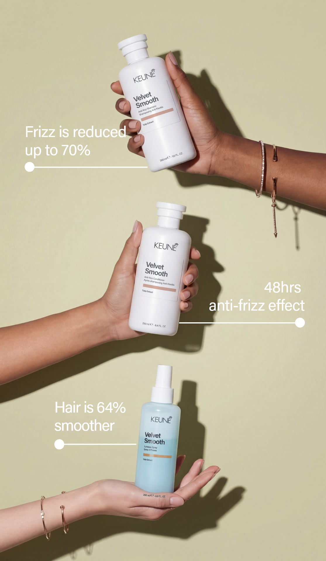 Velvet Smooth 2Phase Spray: Best anti-frizz hair spray with vegan keratin. Provides frizz control, anti-humidity effect, and deeply restores moisture to frizzy hair.
